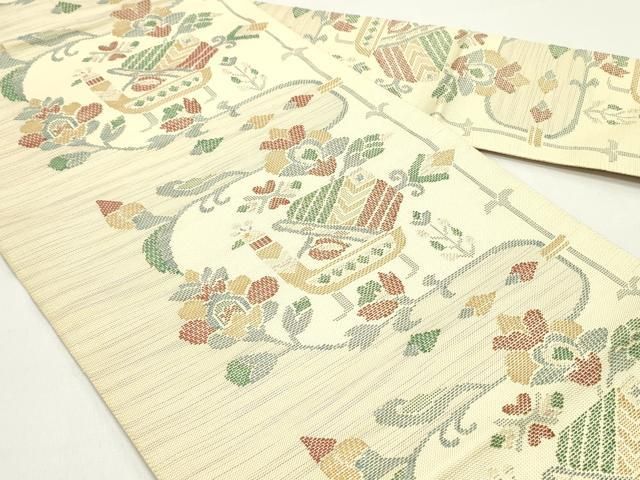 平和屋着物●八寸名古屋帯　紬地　草泥帯　鳳凰更紗花唐草間道　正絹　逸品　DAAY0074ob 平和屋着物○八寸名古屋帯 紬地 草泥帯 鳳凰更紗花唐草間道 正絹 逸品