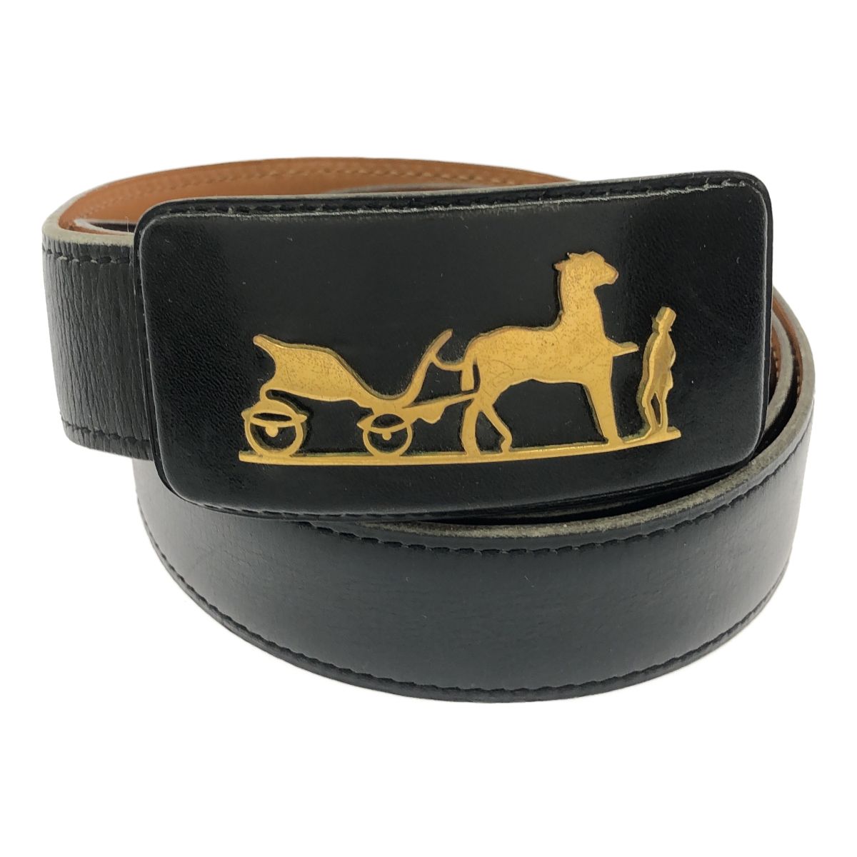 HERMES エルメス ベルト 小物 服飾雑貨 ブラック ゴールド レザー フランス製 馬車柄 シンプル レディース 女性
