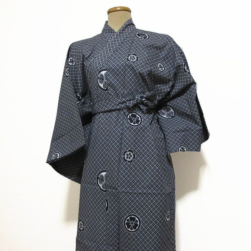 新品 匿名 LL 綿100% ネイビー 家紋 男 浴衣 Japanese Yukata For Men.