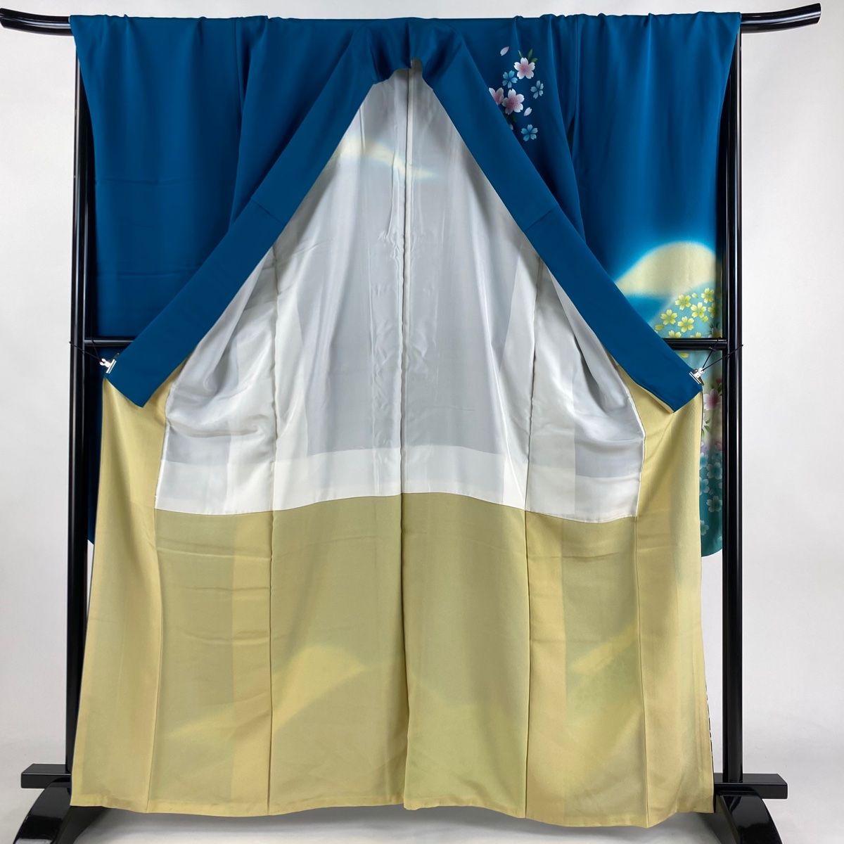 振袖 身丈162.5cm 裄丈71.5cm L 袷 桜 花びら 染め分け ぼかし 青緑  