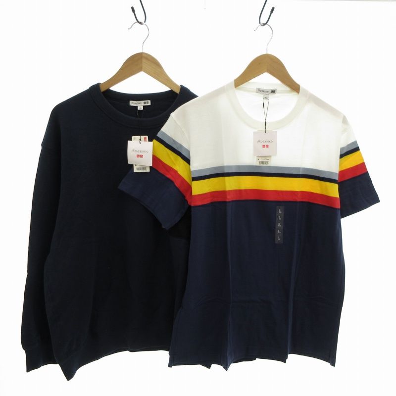 ユニクロ UNIQLO × JWアンダーソン JW ANDERSON コラボ タグ付き 2点セット スウェットシャツ マルチボーダーT L-XL 紺 ネイビー 白 ホワイト /FT
