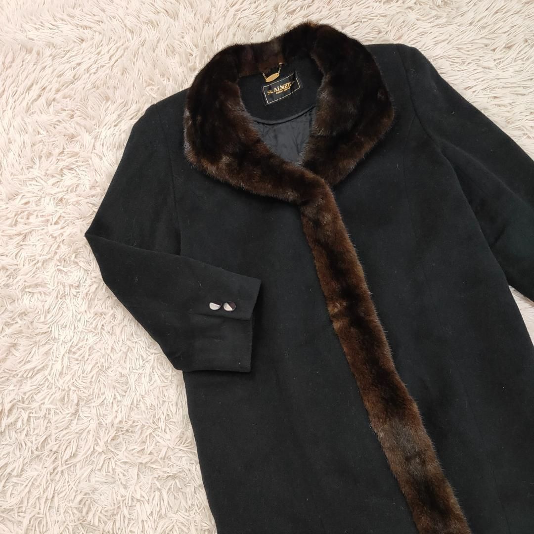 StALMEIDA高級ミンクファー付カシミヤブレンドロングコート黒