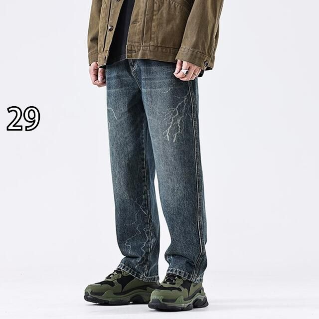 29 秋冬 コーデ メンズ 服 シンプル ファッション オシャレ 大人 かっこいい 大きいサイズ ストリート 紳士服 バーント フラワー ストリート カジュアル ダメージ加工 ストレート レッグ ジーンズ