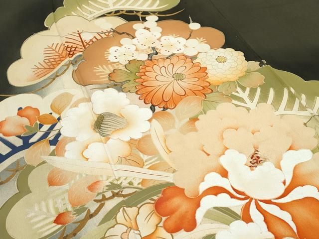 平和屋着物■極上　アンティーク　大正ロマン　振袖　駒刺繍　貝合わせ花籠文　暈し染め　黒地　逸品　CZAA3748s5 平和屋着物□極上 アンティーク 大正ロマン 振袖 駒刺繍 貝合わせ花籠