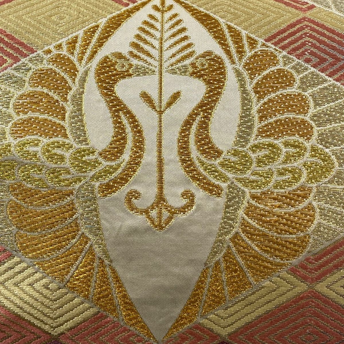 ⚠️1/4値下げ⚠️川島織物 刺繍 額縁 袋帯 秀品 川島織物 落款 鶴 菱 金銀糸 刺繍 ベージュ 六通 正絹