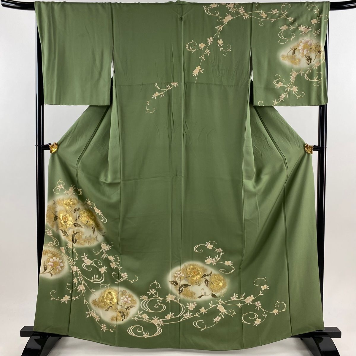 訪問着 身丈164cm 裄丈67cm M 袷 花唐草 草花 金糸 金彩 よもぎ色 正絹 秀品 一つ紋