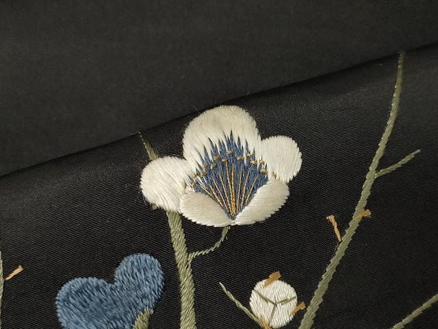 平和屋着物○アンティーク 大正ロマン 九寸名古屋帯 総刺繍 枝梅鳥文