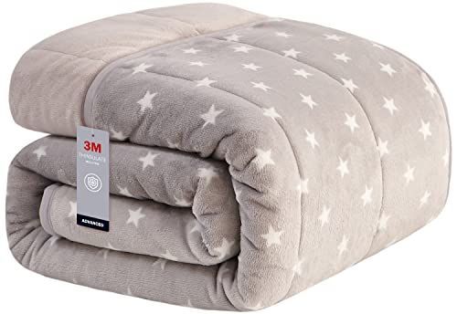 シングル_スター柄 グレー Matdeco 毛布 シングル 冬用 シンサレート 毛布 四層構造 2枚合わせ 襟付き 冬用 厚手 掛け毛布 洗える フランネル毛布 合わせ毛布 襟付き 3Mシンサレート綿入り 断熱