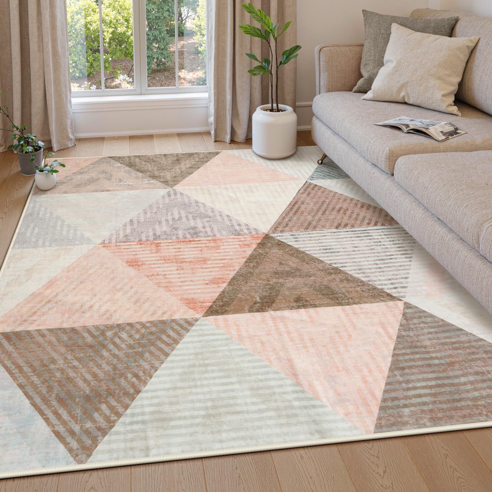HAOCOO カーペット 洗える 185х185cm ラグ夏用 2畳 幾何学 北欧風 モダン ふわふわ 滑り止め 防音 抗菌防臭 室内用 正方形 ラグマット オールシーズン適用 三角形柄 マッチング コーラルブラウン