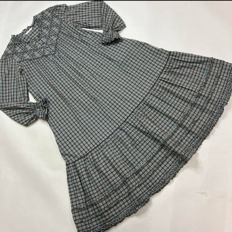 美品】ピンクハウス 水色系チェック ピコフリル使い ワンピース 美品】ピンクハウス 水色系チェック ピコフリル使い ワンピース