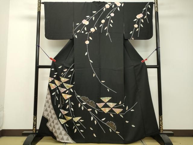 平和屋着物○訪問着 絞り 枝垂れ草花文 黒地 金彩 正絹 逸品