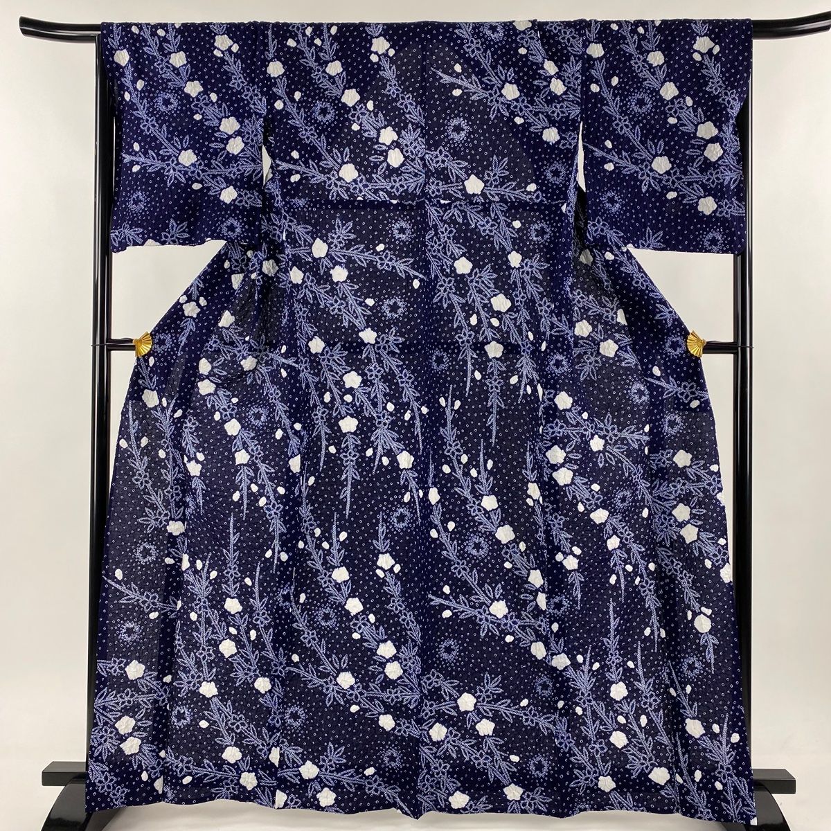 浴衣 身丈164cm 裄丈66.5cm 絞り浴衣 草花 絞り 紺色 綿 名品
