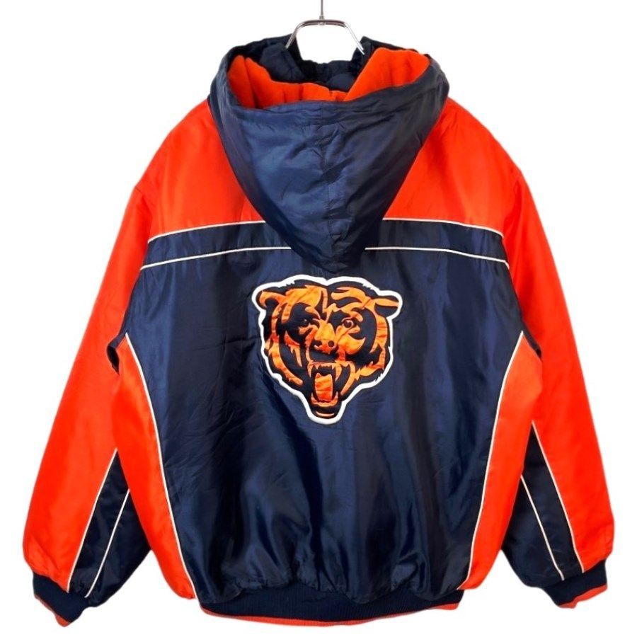 NFLシカゴ・ベアーズChicago Bears中綿入りフルジップナイロンジャケットブルゾンフーディ裏地フリース刺繍ワッペンアメリカンフットボールアメフト紺ネイビーオレンジvintageヴィンテージ41226