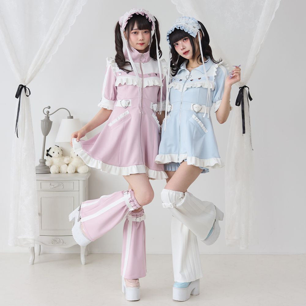 夢展望 フリルたっぷりメイドジャージワンピース ブラック×ピンク 夢展望公式 [新品未使用] フリルメイドジャージワンピース [ミニ