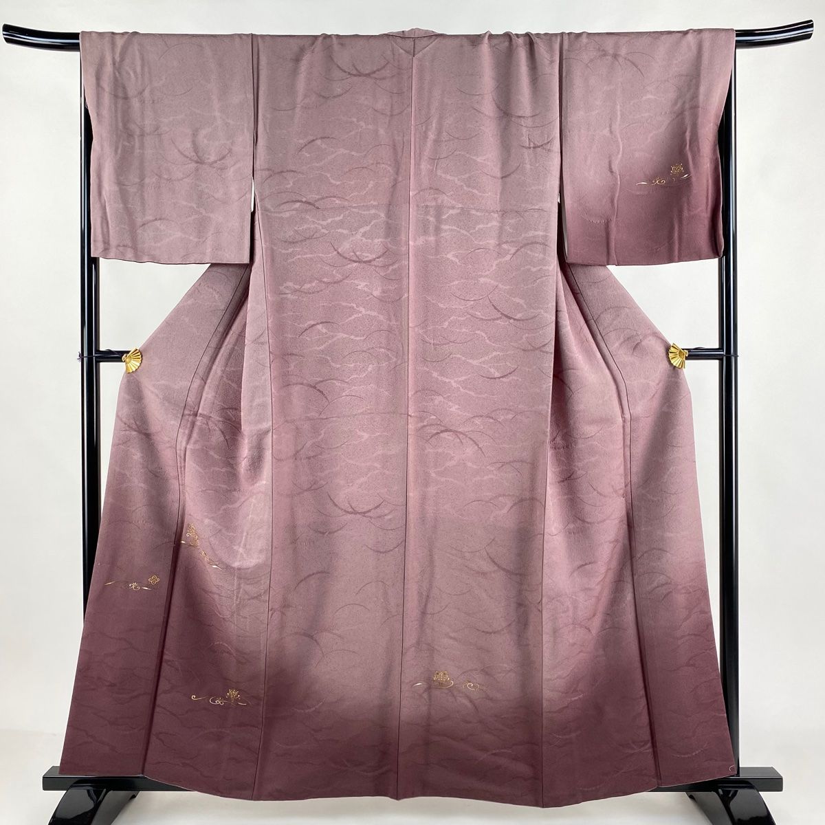 付下げ 身丈159cm 裄丈68cm L 袷 草花 地紋 金糸 金彩 茶紫 正絹 名品