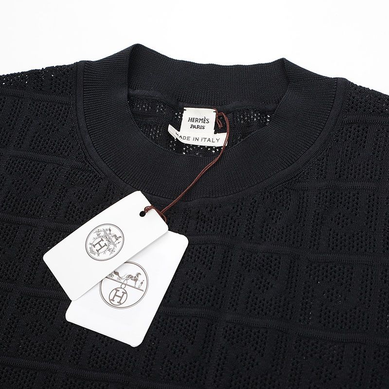エルメス 半袖 トップス 透かし編みニット カットソー シルク ブラック  