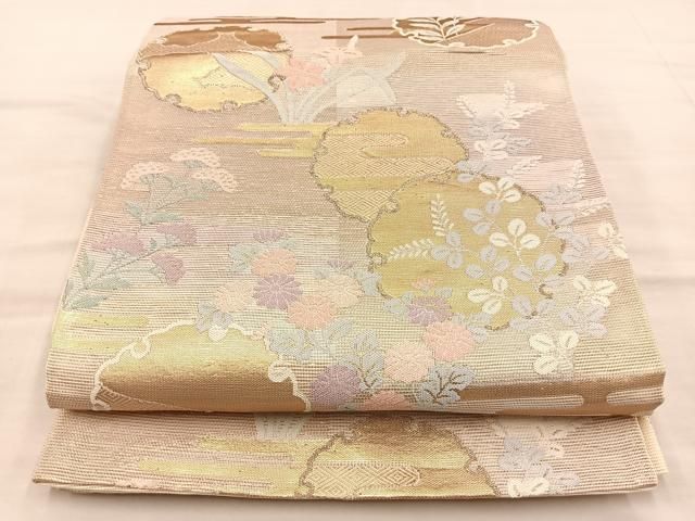 ⑥⑥⑤ 夏帯 雪輪　しば草 六通 袋帯 正絹 金糸 袋帯 美品 名品 落款 泥染 桜 雪輪 金糸 青緑 全通 正絹 【中古