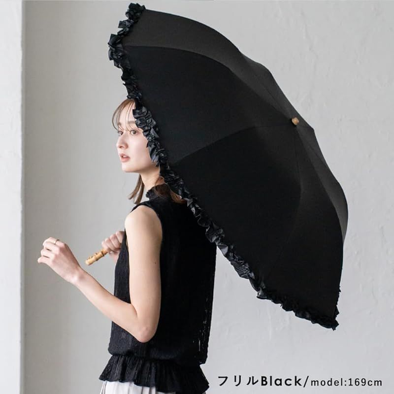 VITAFELICE ヴィータフェリーチェ 2段折りショート傘 晴雨兼用 親骨55cm レディース pru-30176z フリルブラック