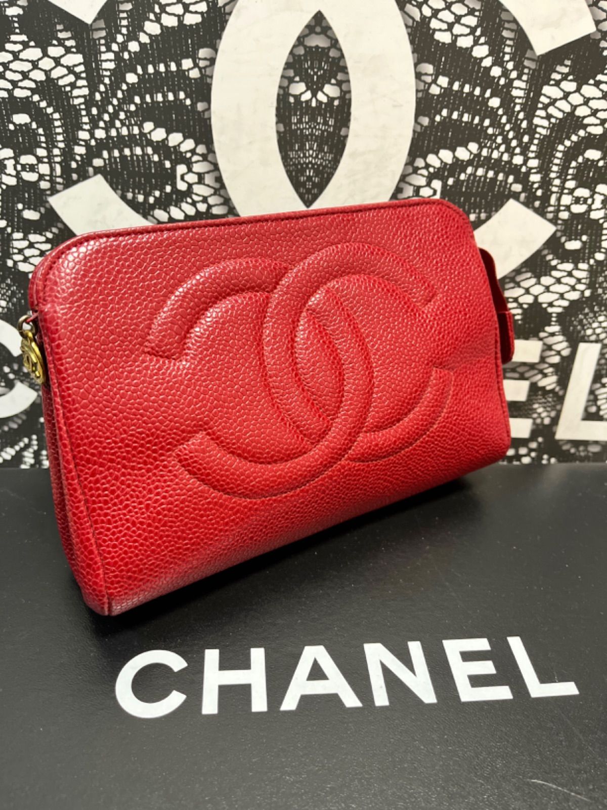 ◇◇ 極美品 CHANEL ☆ シャネル キャビアスキン ポーチ バニティ ヴァニティ バッグ レッド × ゴールド 696 ◇◇ - メルカリ