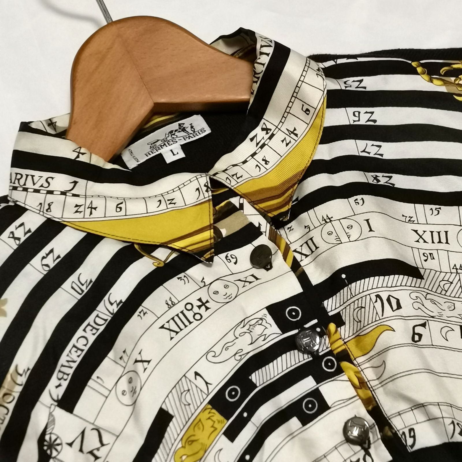 『HERMES』エルメス (L) 総柄ニット切替ポロシャツ HERMES エルメス 長袖 ポロシャツ コットン シルク L ニット