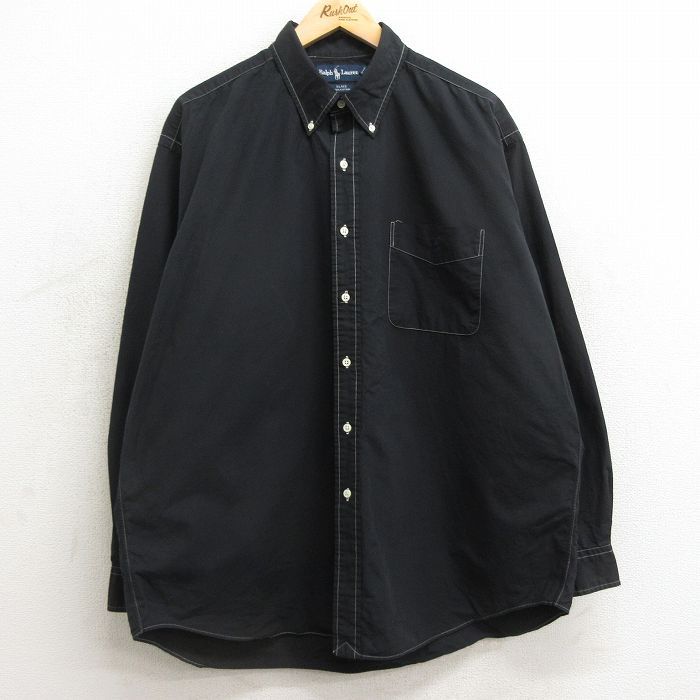 XL/古着 ラルフローレン 長袖 ブランド シャツ メンズ 90s ワンポイントロゴ BLAKE 大きいサイズ ロング丈 コットン ボタンダウン 黒 ブラ