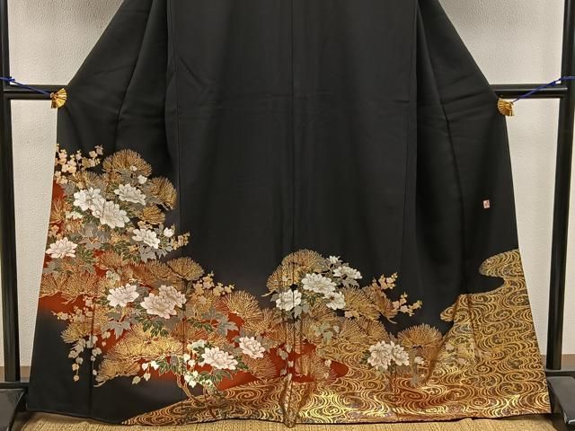 黒地に華やか花模様♡ トールサイズ振袖フルセット　成人式　長襦袢おまけ 振袖＊トールサイズ 袷着物 刺繍 蝶に華やか花模様 白×ピンク 2RP2