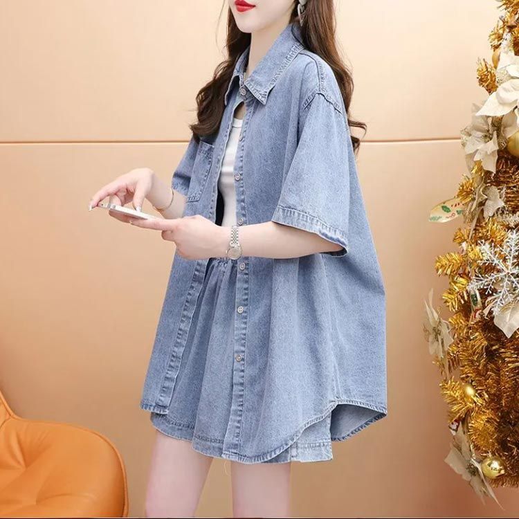 ストレート ボリューム デニム シャツ パンツ セットアップ 韓国 セットアップ デニムシャツ デニムショートパンツ 半袖 パンツ