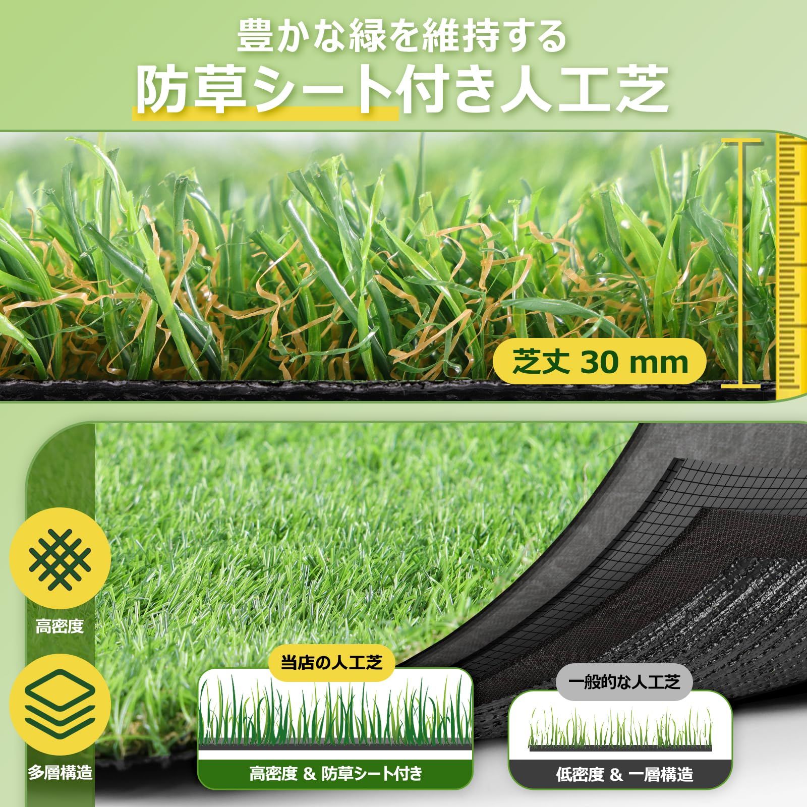 人工芝 ロール 1mx10m リアル感 芝丈30mm 高耐久 透水タイプ 防草シート 24本ピン付き フレッシュグリーン 1×10m