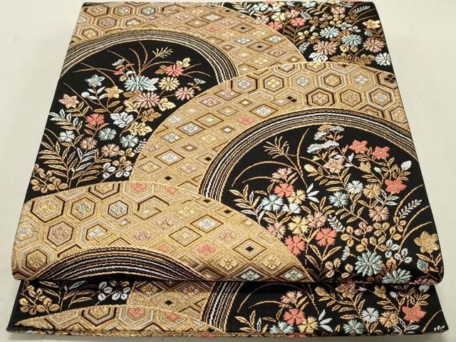 平和屋着物○本場筑前博多織 九寸名古屋帯 七宝花文 正絹 逸品