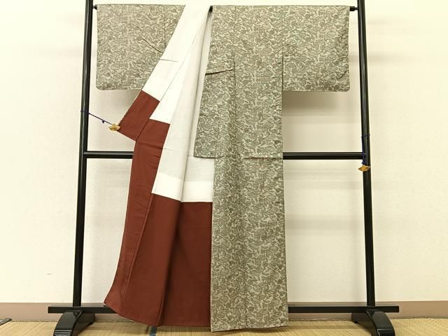 平和屋着物▽上質な紬 単衣 色無地 空五倍子色 正絹 逸品