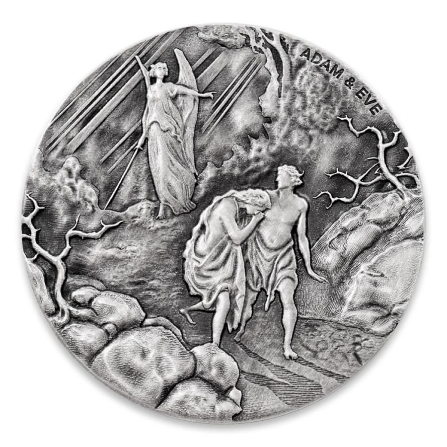 [保証書付き] 2016年 (新品) ニウエ「聖書シリーズ・楽園を追われるアダムとイブ」純銀 2オンス アンティーク 銀貨
