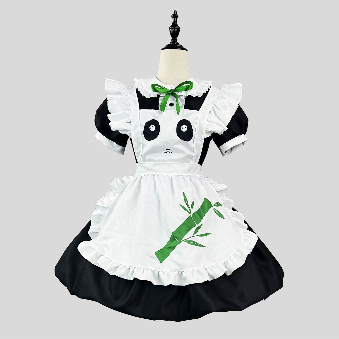 パンダメイドコスプレワンピース 白×黒 リボン装飾＆フリルエプロン付き パンダ耳ヘッドドレス＆足カバーセット