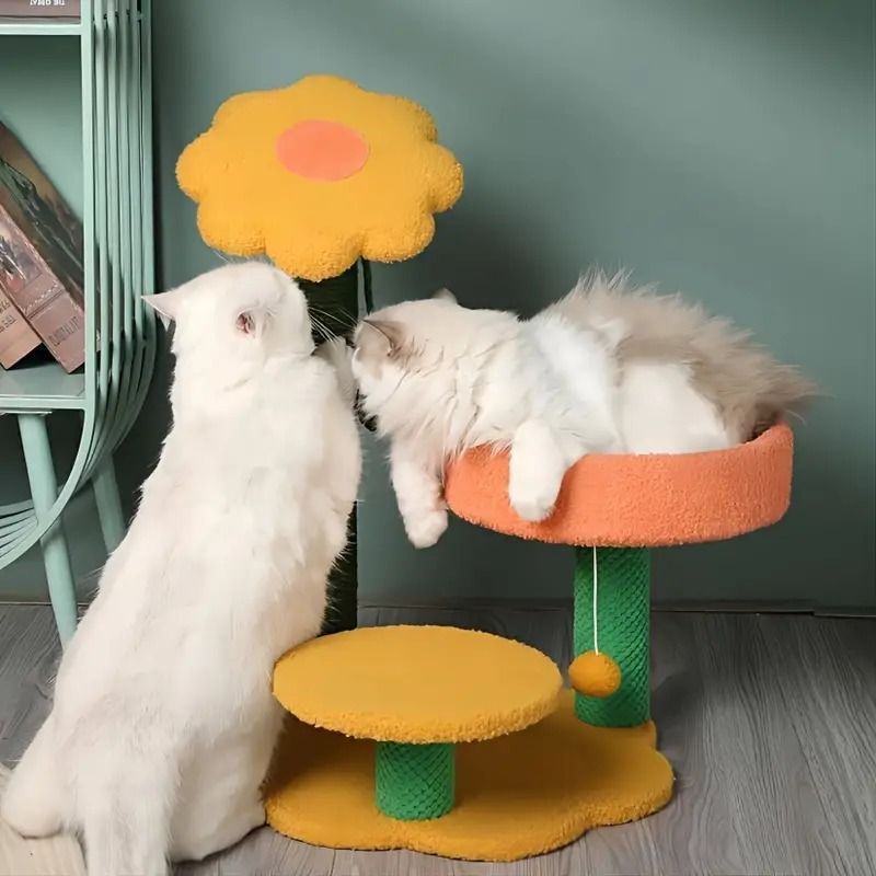 ひまわり型 キャットタワー 猫スクラッチポスト キャットクライミング キャットハウス かわいい 安定性 子猫 天然サイザル麻 インタラクティブ 猫おもちゃ 猫じゃらしボール 猫ジャンプ台