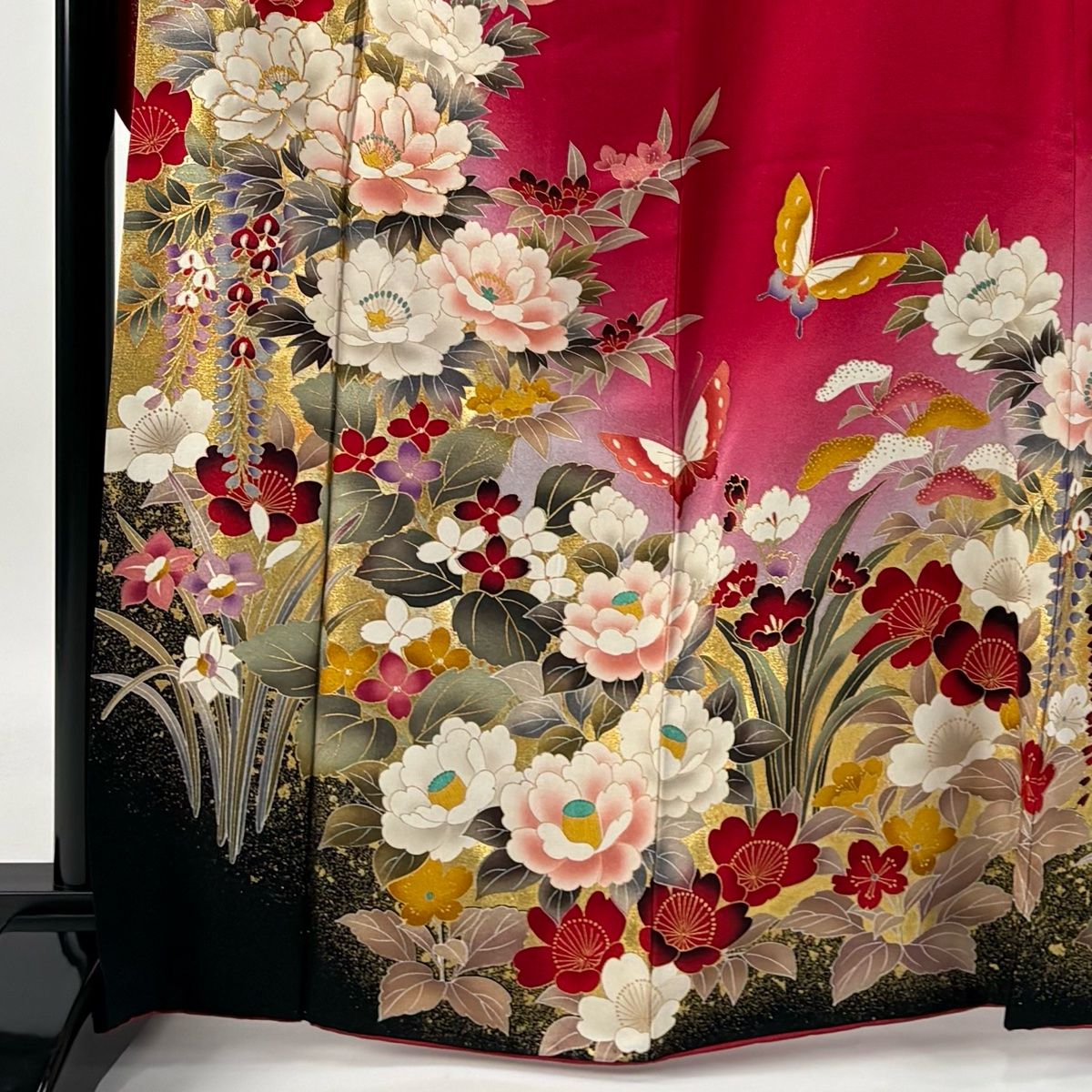 振袖 秀品 袋帯フルセット 蝶 牡丹 金糸 金彩 朱色 袷 身丈159cm 裄丈