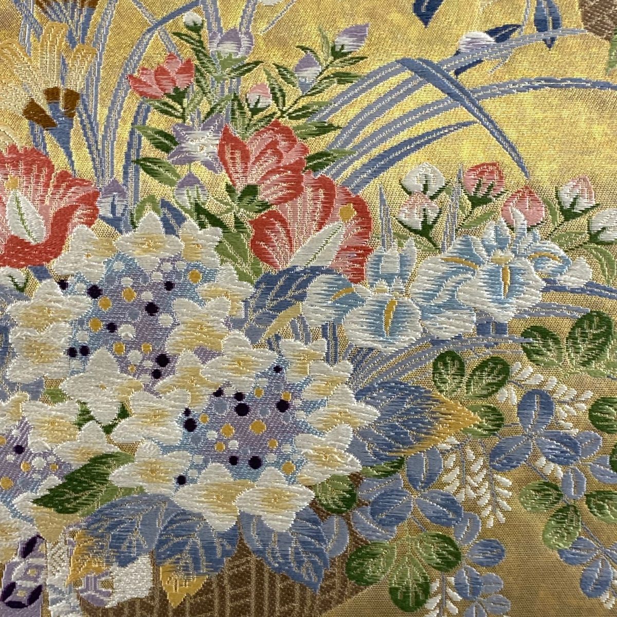 袋帯 秀品 まいづる 落款 花籠草花文 刺繍 箔 金色 六通 正絹