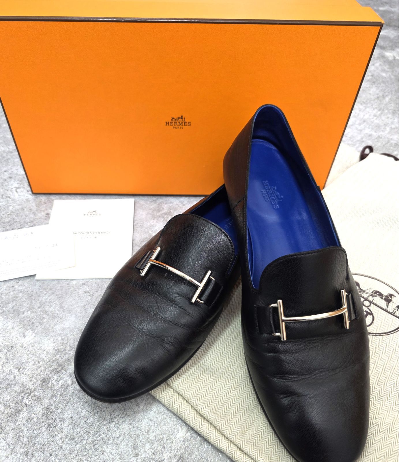 HERMES エルメス ローファー スリッポン SAGA サガ H金具 ゴートスキン シューズ メンズ ブラック シルバー金具 41.5 26.5㎝ PAWNSHOPRiZ パウンショップリズ