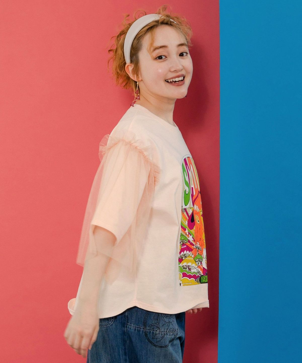 Tシャツ ScoLar スカラー 152707 キノコ柄とアニメ風女の子チュール重ねTシャツ トップス カジュアル ガーリー 原宿系 個性的 ポイント 152707：キノコ柄とアニメ風女の子チュール重ねTシャツの通販-ScoLar