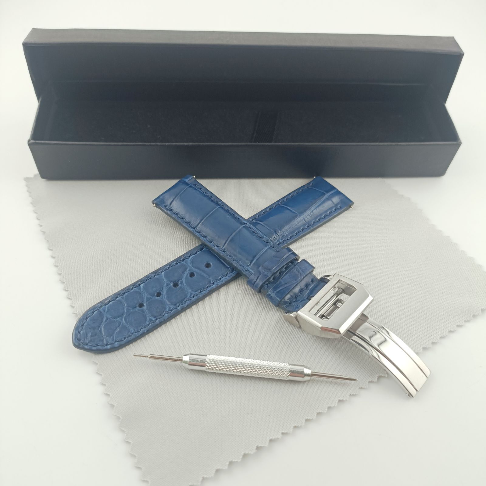 20mm 腕時計 アリゲーターレザー ワニ革ベルト ブルー Dバックル付属 対応 IWC パイロット ポルトギーゼ ポートフィノ