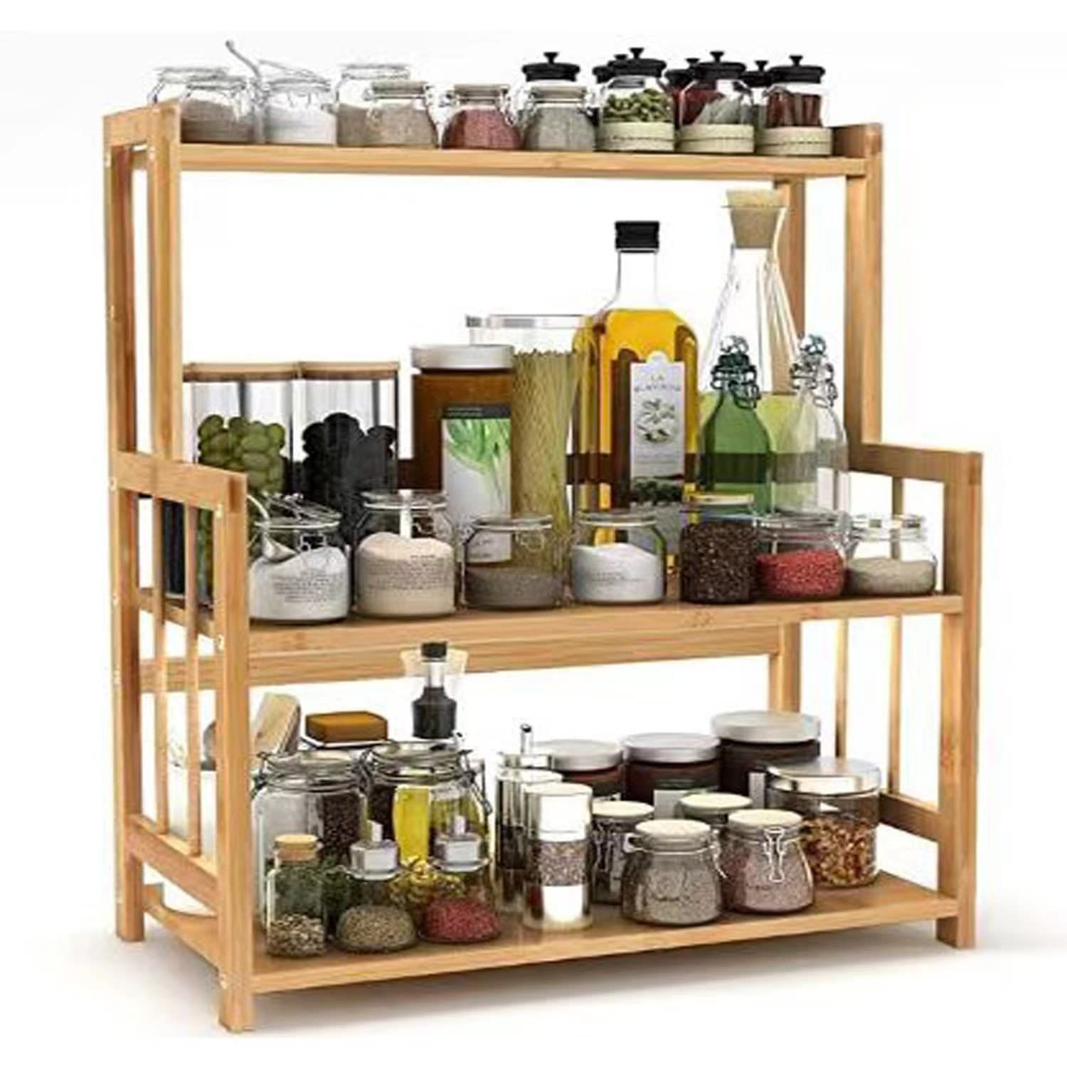 包丁収納機能付き 卓上整理 ナチュラル 書棚 花棚 収納ランク木製 多機能 竹製 ３段 調味料ラック ラック (42*18*50cm) ウッド キッチンラック OIWAI