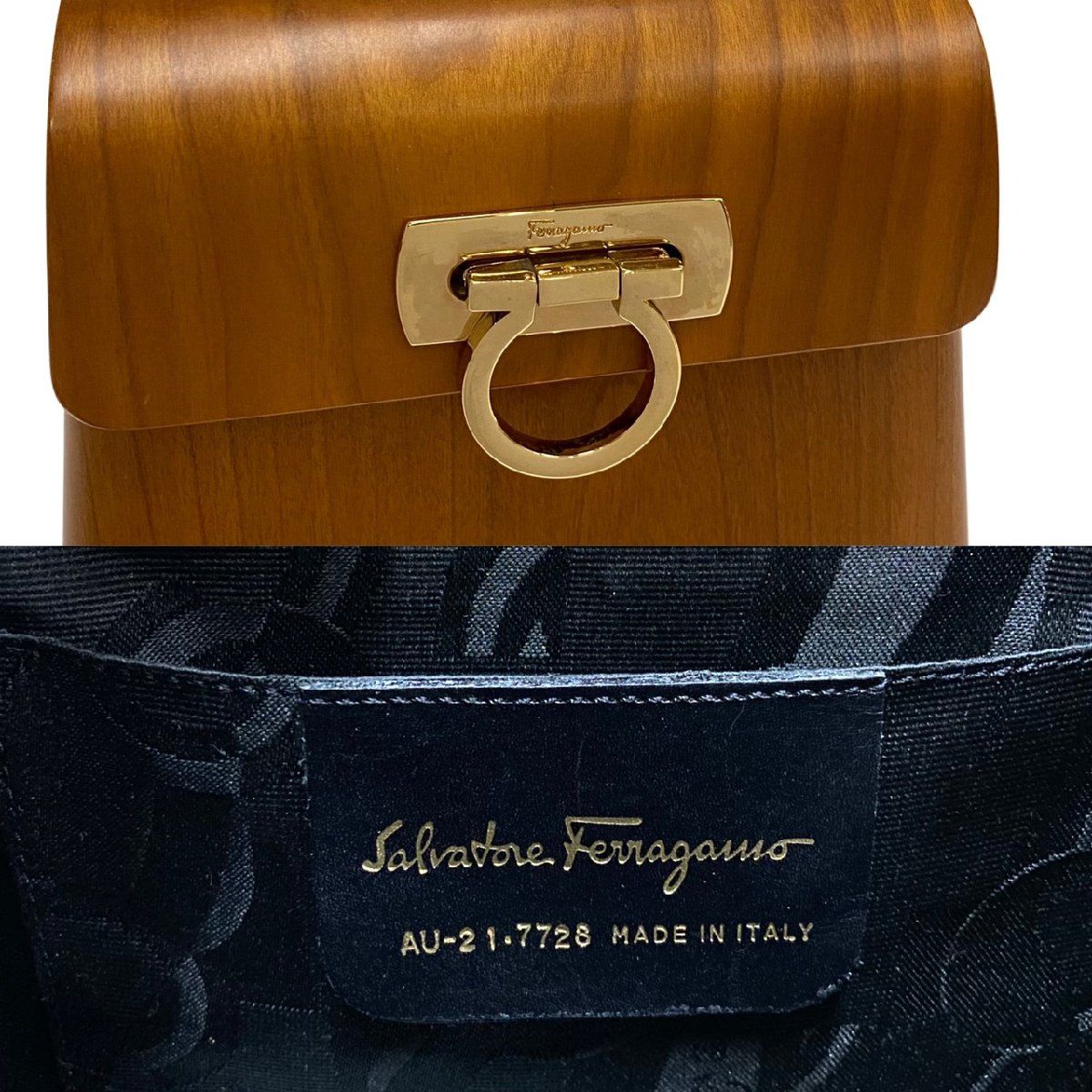 未使用保管品 激レア品 Salvatore Ferragamo フェラガモ ガンチーニ 金具 ウッド ハンドバッグ ミニ トートバッグ ブラウン 20750