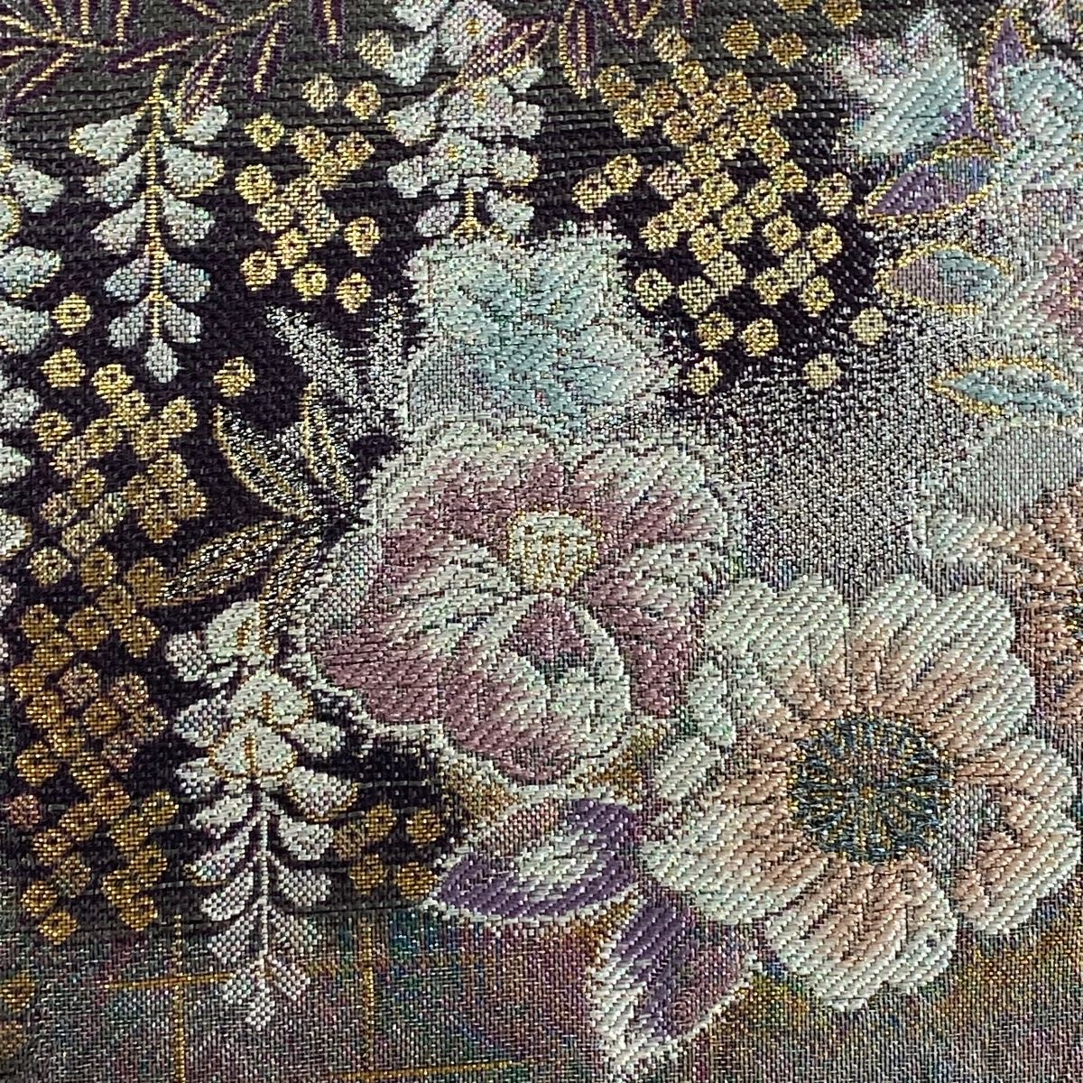 美品】 袋帯 秀品 やまと 豪華な本金箔 草花 霞 箔 灰紫 六通