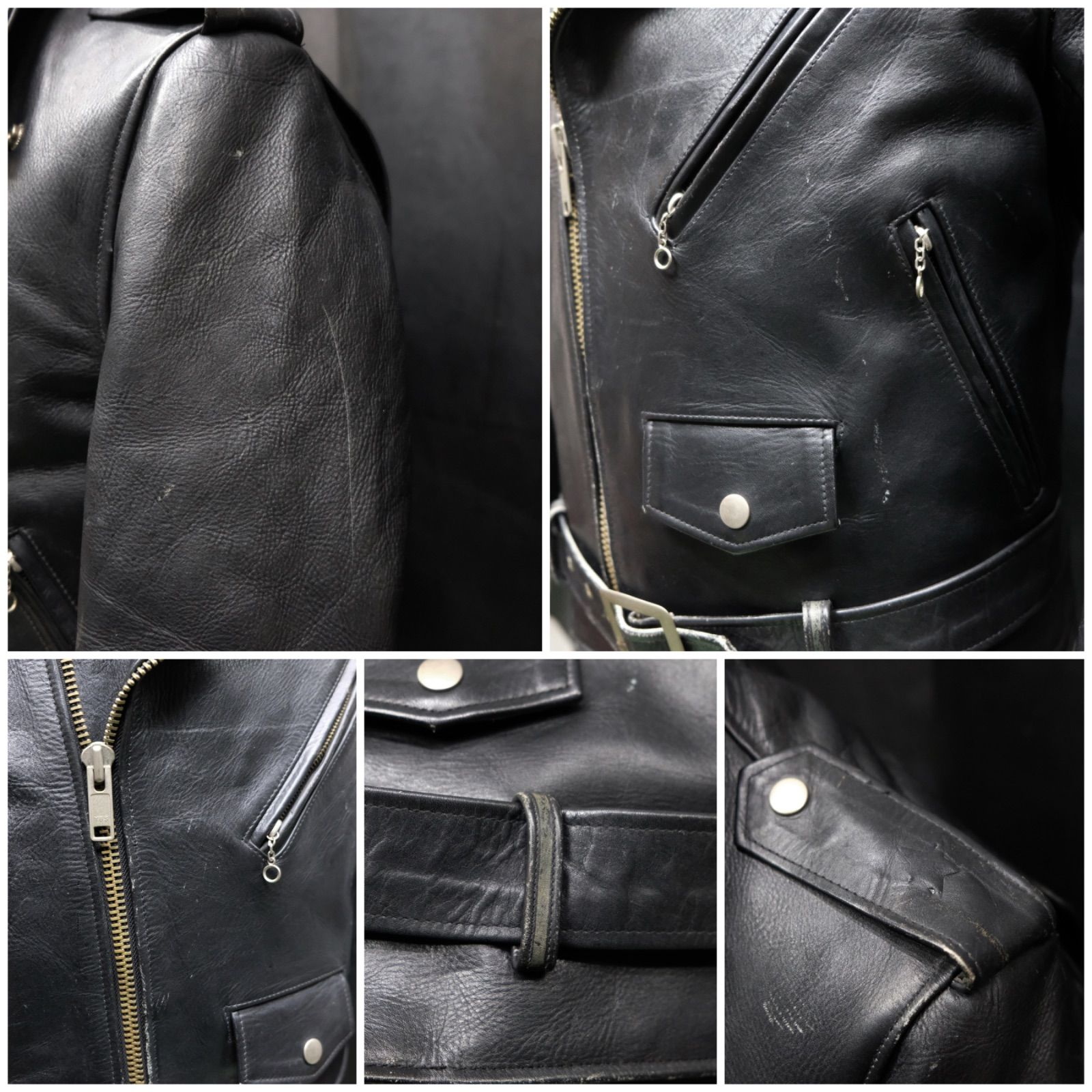 ジャケット・アウター [MADE] Theel Vintage Leather Jumper TOBEL ダブルライダースジャケット 本革 灰芯 36サイズ 中綿