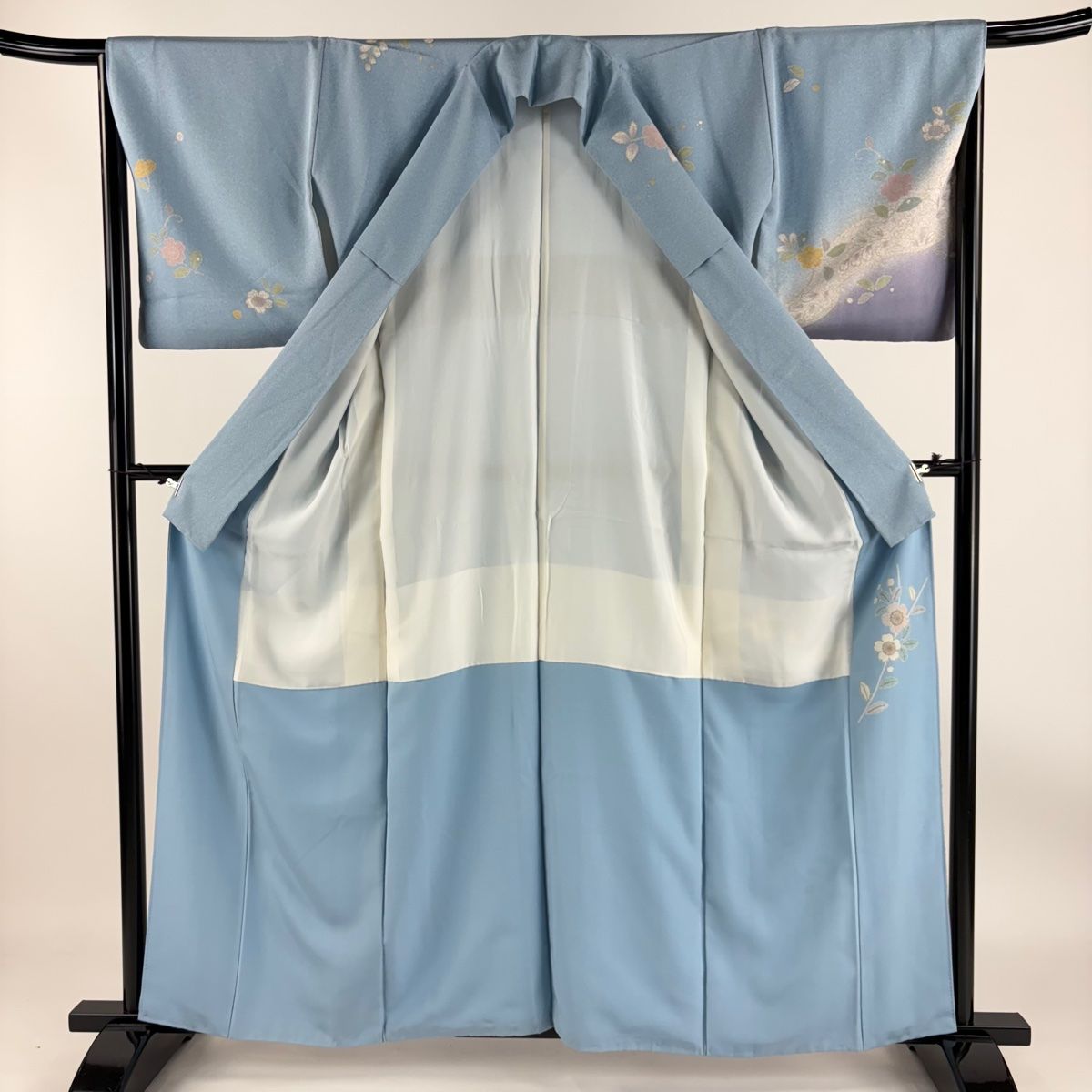 超豪華絢爛綺麗美品身丈162cm裄丈69cm⭐️グレー紫刺繍正絹付下げ⭐️ 付下げ 身丈168cm 裄丈69cm L 袷 縞 銀糸 黒 正絹 美品 秀品
