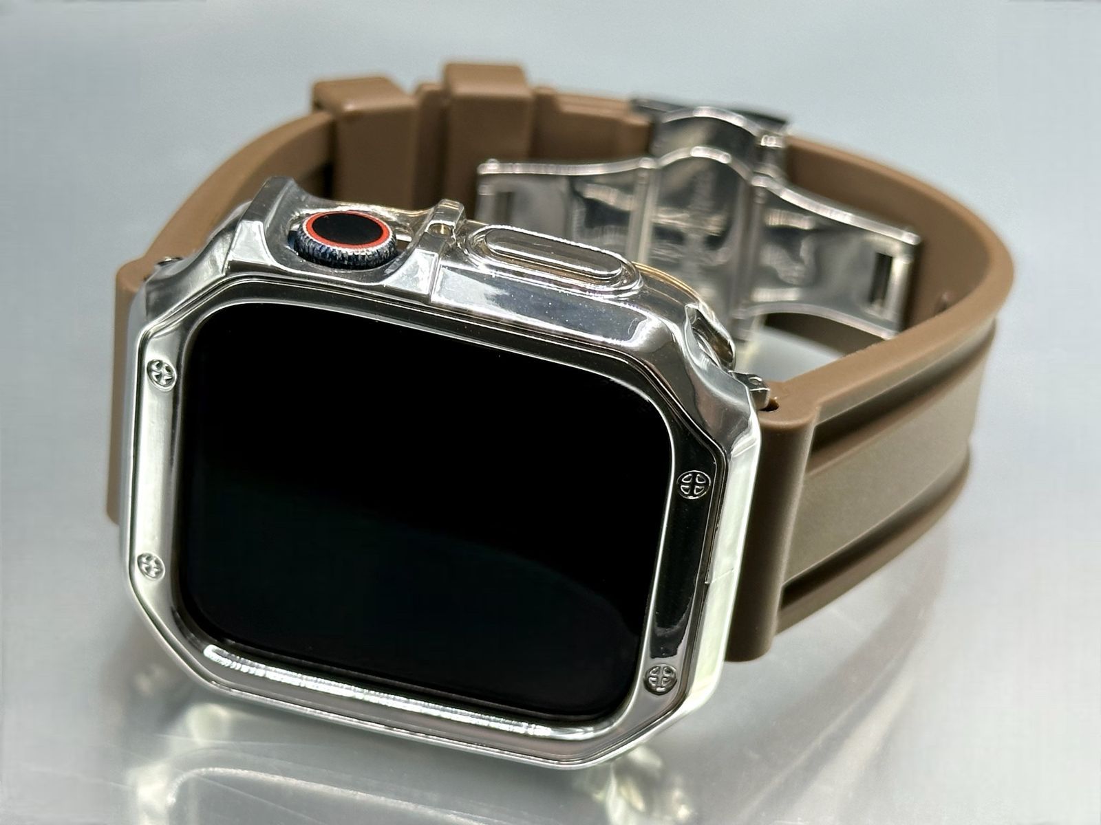 Apple Watch カスタム ラバーバンド アップルウォッチカバー ベルト TPUケース ブラウンu0026シルバー 31％割引 