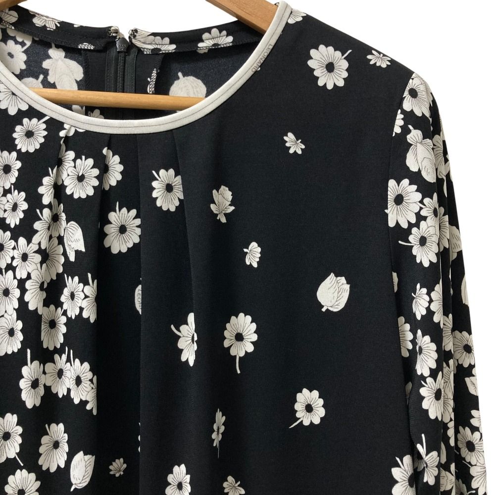 LEONARD レオナール カンカン フラワープリント ロングスリーブ ギャザー ブラウス カットソー サイズ42 ブラック×ホワイト レディース 古着