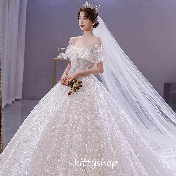 ウェディングドレス オフショルダーフ 袖あり ライトシャンパン色 結婚式ドレス 花嫁ドレス トレーンドレス パール ビーズ Aラ