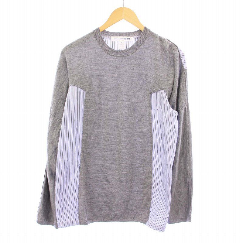 コムデギャルソンシャツ COMME des GARCONS SHIRT fully fashioned knit gauge 14 shirt fabric docking ドッキングニット カットソー 長袖 ストライプ M グレー ブルー S28502