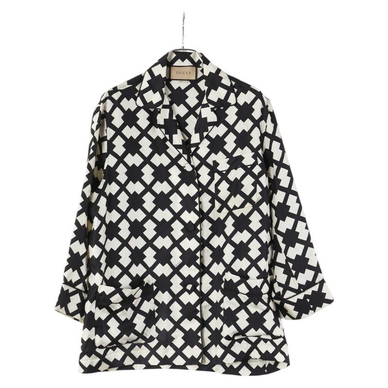 グッチ パジャマ セットアップ サイズ 40 ホワイト ブラック シルク レディース GUCCI 245-32324