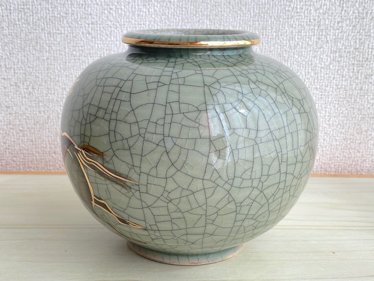 KK023】相馬焼 花瓶 静山 作 金彩馬絵 胴径約15.5cm 高さ約13cm