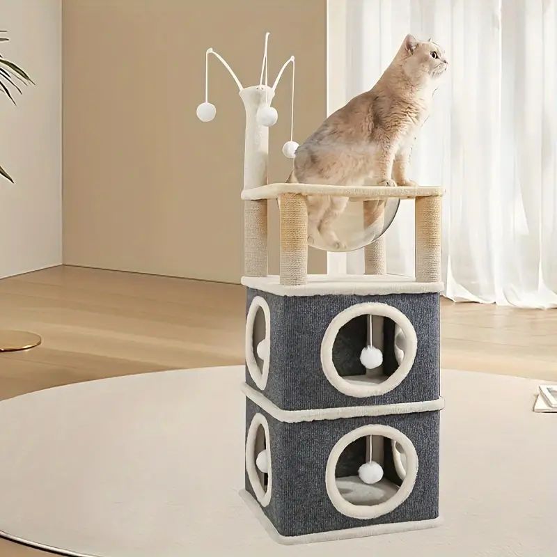 2層 キャットタワー 多機能 キャットハウス 猫の巣 キャットツリー 爪とぎ スクラッチポスト ボール 木製 頑丈 耐久性 モダン おしゃれ かわいい コンパクト 据え置き 運動不足解消 多頭飼い 猫用 おもちゃ 小型猫 中型猫 大型猫